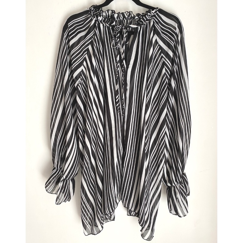 Ashley Stewart Tie Front Stripe Open Bell Sleeve Sheer Blouse [US 22/24]